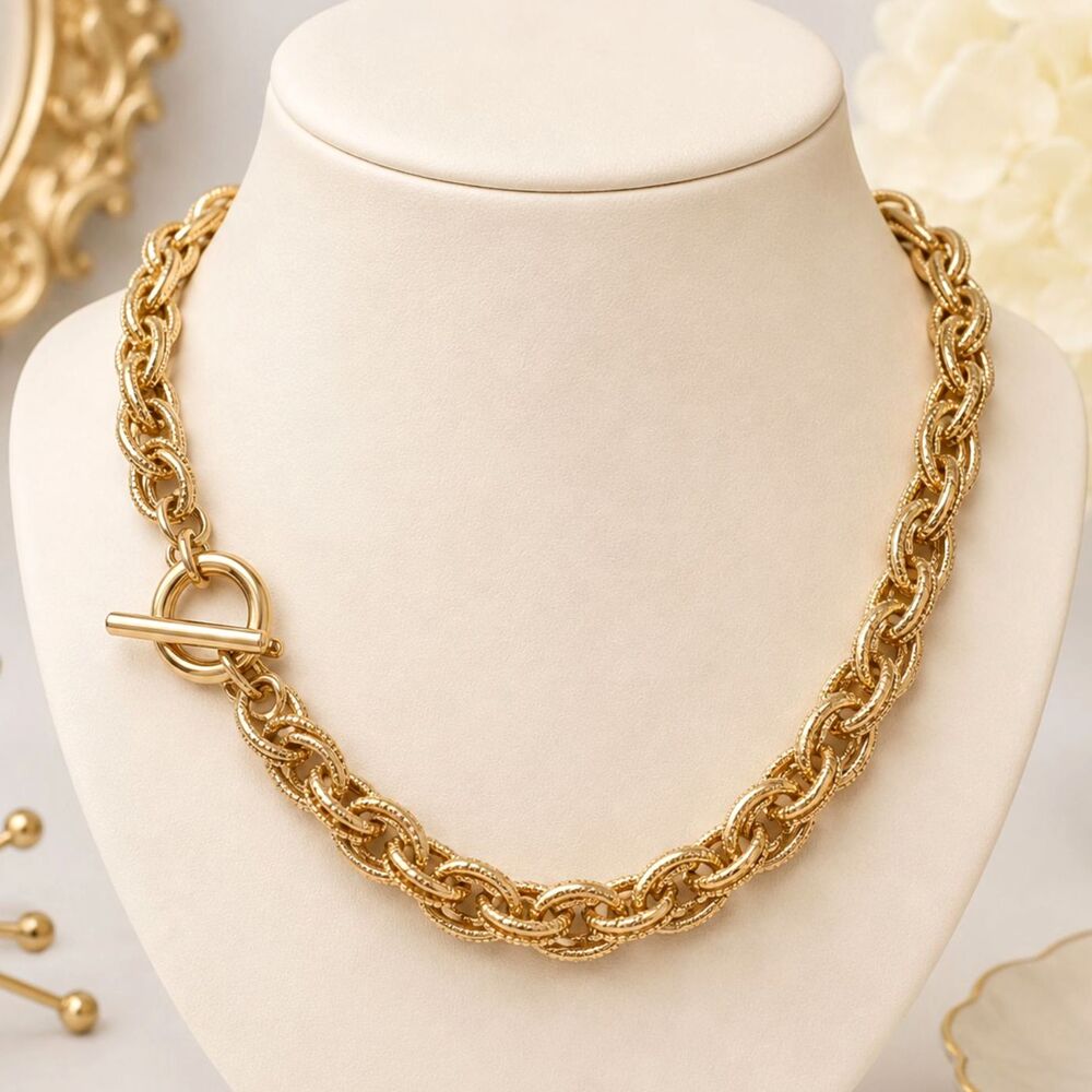 Vintage Chunky Gold Tone Textured Rope Link Toggle Necklace 18"